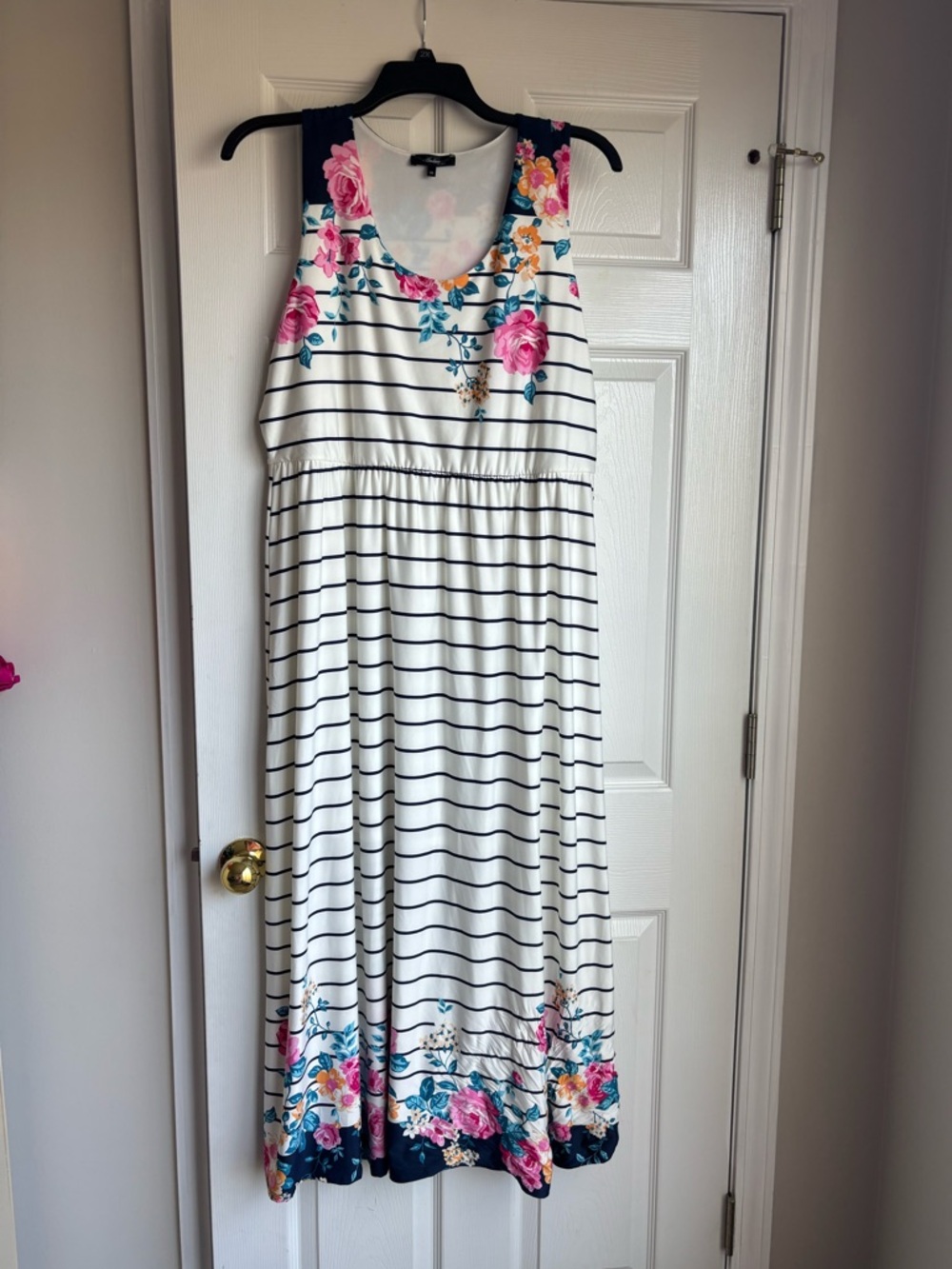 ANDREE BY UNIT White Striped Maxi Dress with Pink Floral Accents